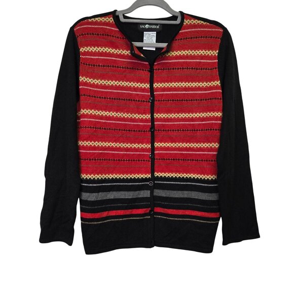 Vintage Fair Isle Granny Core Holiday Christmas Womens Striped Cardigan Sweater - Picture 1 of 7